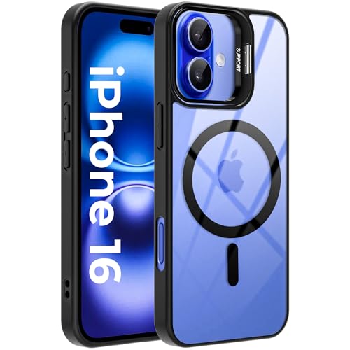 Image of A rtistque Clear Back Cover Case for iPhone 16 | Compatible with Mag-Safe | Built-in Adjustable Camera Stand | Shockproof TPU Bumper | Premium Transparent Design | iPhone 16 Back Cover - Black