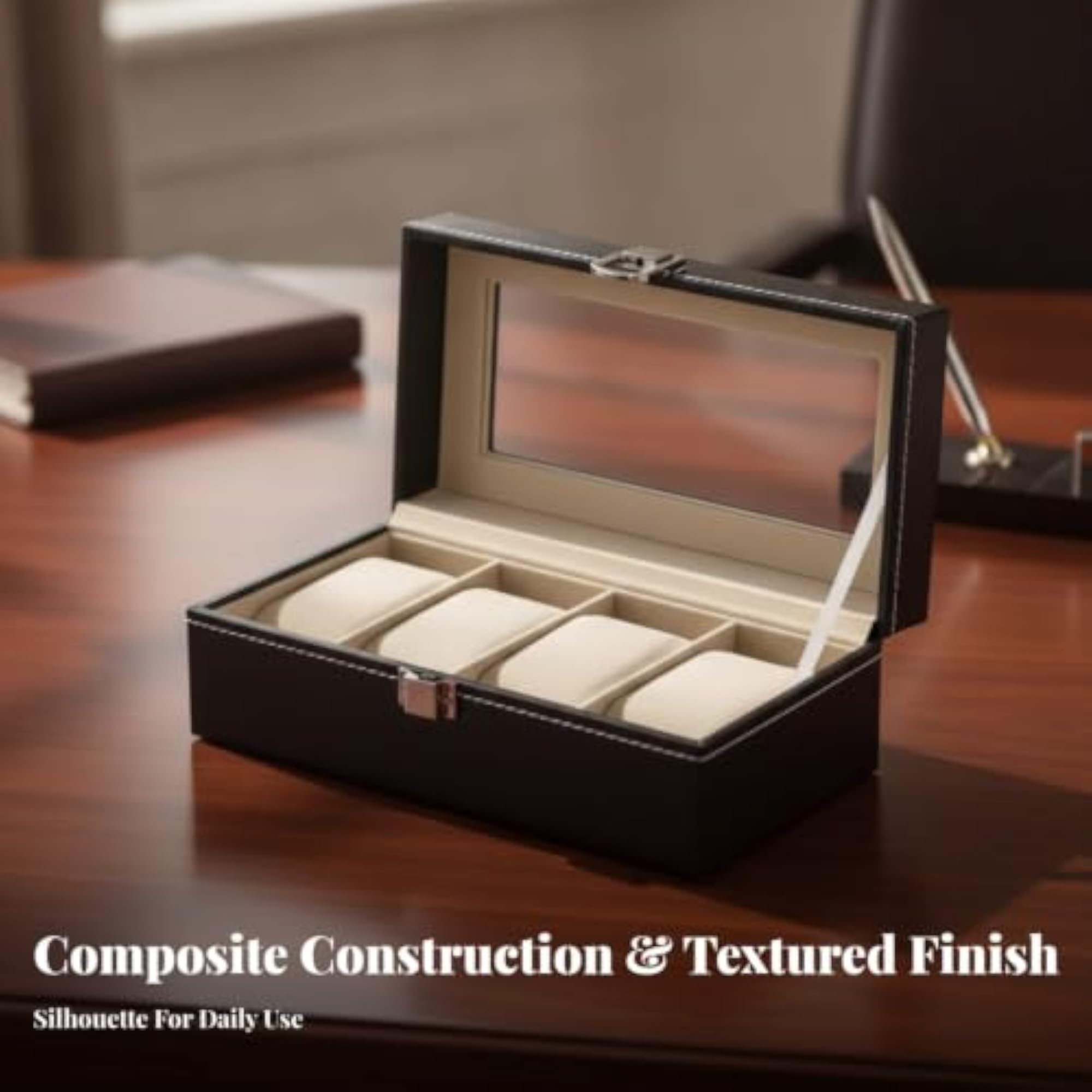 PU Leather Watch Display Box for 4 Watches, Scratch-Resistant