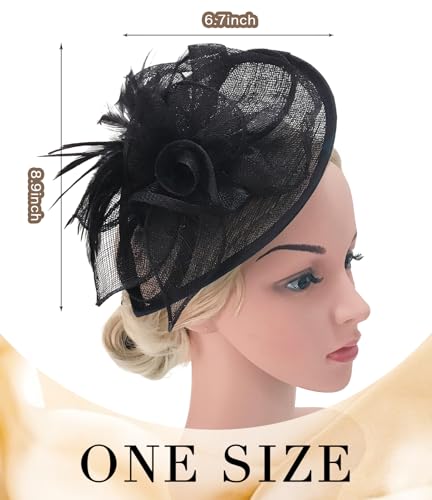 Z&X Wedding Fascinator Sinamay Headband Tea Party Hats for Women Flower Feather Derby Pillbox Hat Clips Black