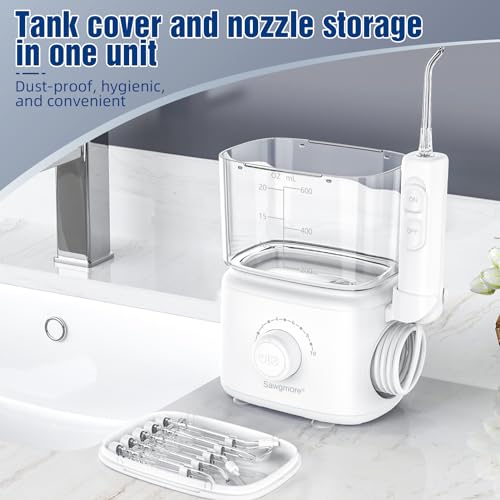 Sawgmore Munddusche, Elektrische Zahnzwischenraumreiniger mit 10 Einstellbaren Druckstufen, 600ml Fassungsvermögen, Oral Irrigator mit 5 multifunktionalen Düsenspitzen für Zuhause (Weiß) – Bild 7