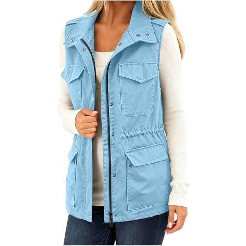 BCZHQQ Womens Utility Vest Drawstring Waist Military Sleeveless Jacket