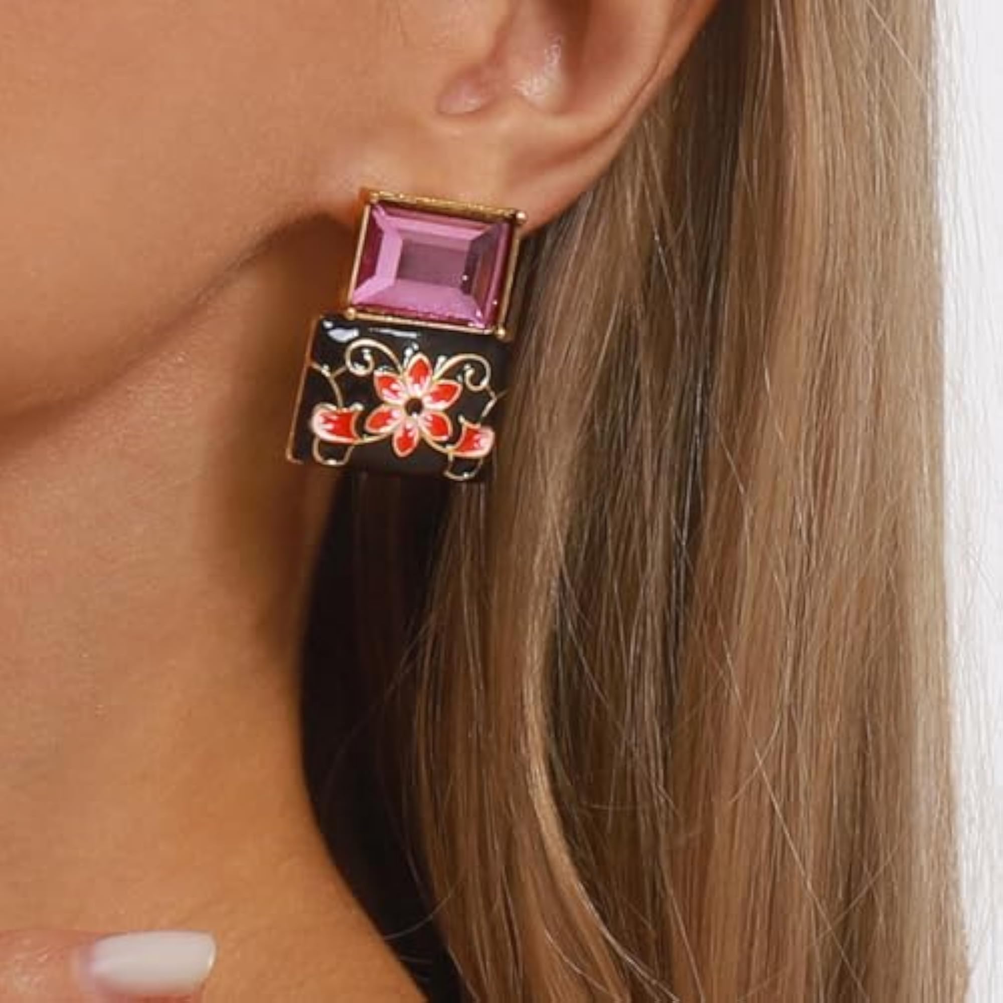Women's Enamel Flower Floral Drop Earrings in Blue