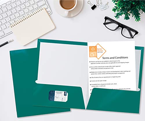 Image of Better Office Products 2 Pocket Glossy Laminated Teal Paper Folders, Box of 25, Letter Size, Teal Paper Portfolios 25 Pack