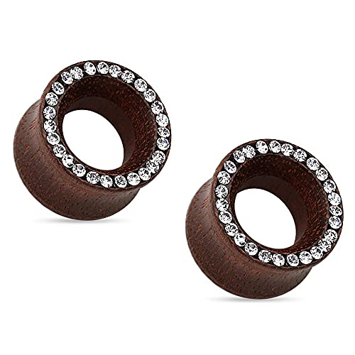 Pierced Owl - Organic Rose Wood Crystal Paved Rim Double Flared Tunnel Plugs, Sold As Pair