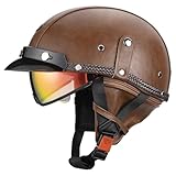 QUICKOOL Half Helmet Motorcycle Men Women Adult Open Face Motorcycle Helmets with Sun Retractable Visor DOT Certified (Brown-Colorful Visor,M)
