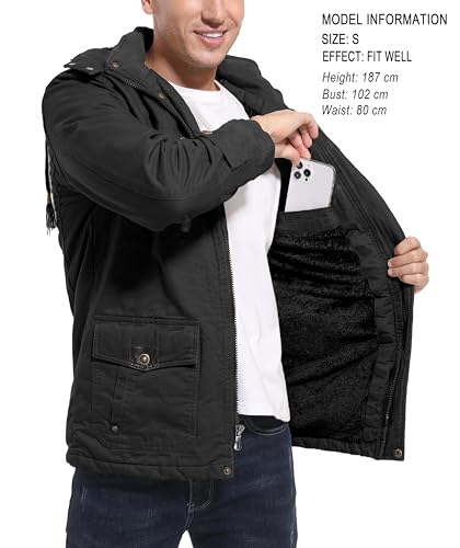 MAGCOMSEN Parka Herren Winterjacke Winddichte Gefüttert Winter Warme Fleece Cargo Jacke Stehkragen Übergangsjacke mit Abnehmbarer Kapuze Schwarz S