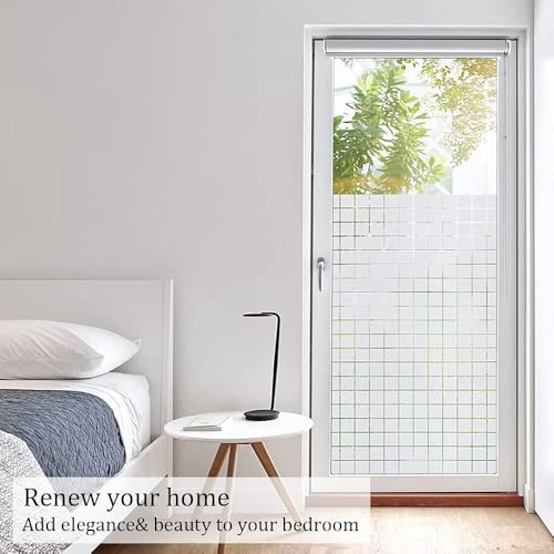 Image of WISDOM Window Privacy Film Stained Glass Window Clings Frosted Glass Film Decorative Sun Blocking Non-Adhesive Tinting Film for Home Office (16 X 96 INCH, Square Box Pattern)