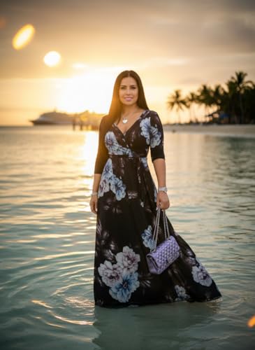 Image of Yajedo Womens Casual Summer Maxi Dress Plus Size Sexy Wrap V Neck 3 /4 Sleeve Sundress with Pockets