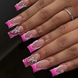 BABALAL Press On Nails, Medium Long Square Fake Nails, Hot Pink Ombre, Silver Star & Rhinestone Charm, Y2k Glossy Full Cover Glue On Nails For Women And Girls 24Pcs