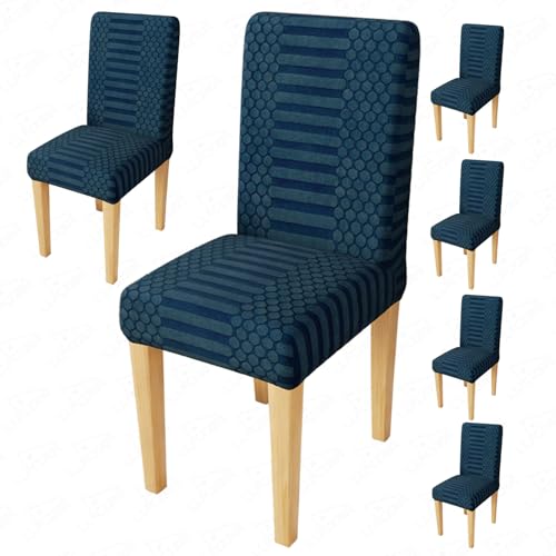 Image of Lukzer Elastic Dining Chair Cover - 6PC Pastel Marine Blue Dotted Stripe | Textured High Stretch Jacquard Seat Cover | Removable Washable Short Dining Chair Cover Protector Seat Slipcover | CC-134-06