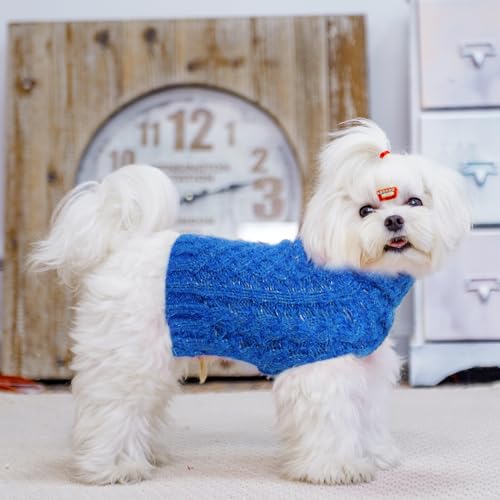 Image of Turtleneck Small Dog Sweaters - Classic Cable Knitwear Winter Coat for Small Medium Dogs Male Female Puppy Dog Cold Weather Clothes Girls Boys, Blue, S