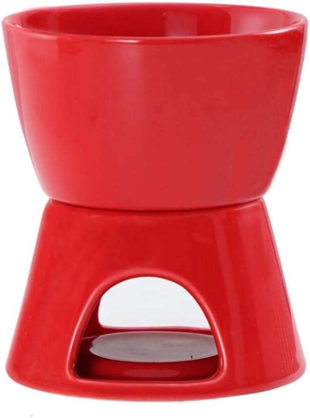 Red Ceramic Chocolate Fondue Pot With Heating Stove - Portable, Ultra-Flexible For Cheese & Ice Cream, Includes Forks & Easy To Clean, 4 Pieces