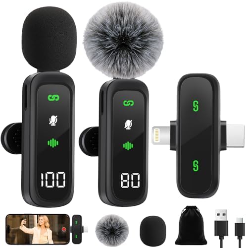 YeenMelly 2-Pack Wireless Lavalier Microphone: for iPhone 15/16, iPad, Android - Mini LED Display, Noise Reduction, Plug & Play, USB-C Charge , Clear Sound - Video/Vlog, Windscreen & Pouch Included​​