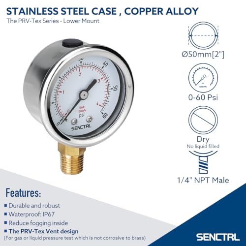 senctrl 0-60 psi pressure gauge 234 dial 14 npt lower mount waterproof stainless steel case for swimming pool filter pump spa water air mtb tire pressure test