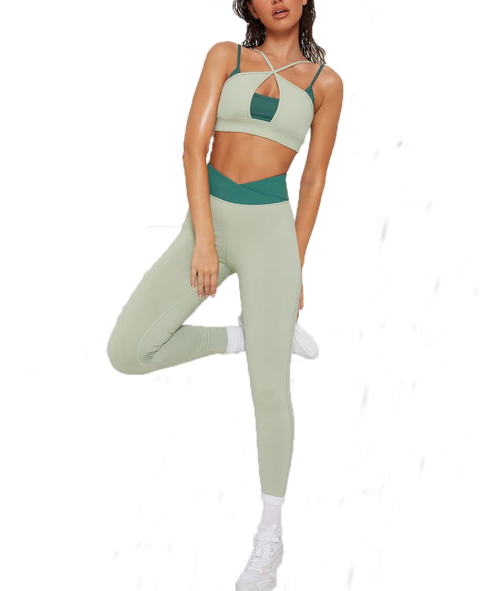 Elhada Workout Outfits Sets for Women Tummy Control Yoga Leggings Tummy Control Pants Candy Colors Tracksuit