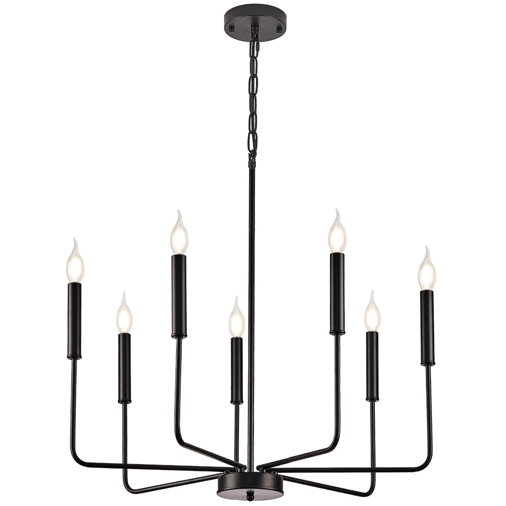 erpymi Farmhouse Chandelier Lighting, Black Industrial Metal 7-Light Candle Chandeliers, Vintage Hanging Light Fixtures for Living Room, Dining Room, Kitchen Island, Hallway