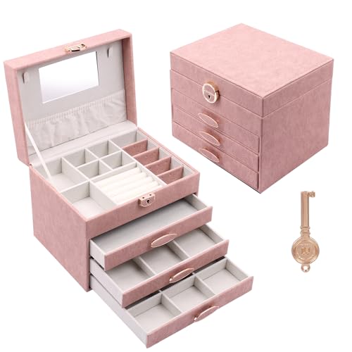 Image of BucketList Luxury PU Leather Jewellery Organizer Box with Mirror & Lock | 3 Drawer Jewelry Storage Case with Ring Rolls & Compartments (4 Drawers Jewelry Box with Mirror (Pink))