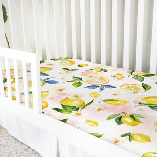 Image of Watercolor Lemons Leaves Baby Crib Sheets 52''x28'' Summer Lemon Boho Flowers Leaves Stretchy Fitted Crib Mattress Sheet for Boy Girl Fruits Soft Baby Sheets for Standard Crib and Toddler Mattresses