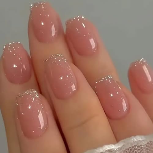 24 Piezas Uñas Postizas Cortas Almendra Francesas Rosa Press on Nails Uñas Falsas Naturales Cubierta Completa Artificiales Uñas Postizas Brillantes Natural Fake Nails para Mujeres Niñas (B)