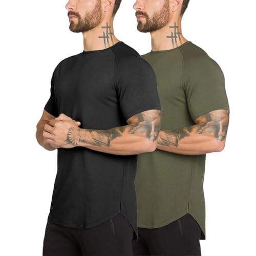 Herren Fitnessstudio Workout Kurzärmelig Schlanke Passform T-Shirt Baumwolle Leistung Sportliche Top Hemden Laufen Fitness Tee (BKAG L)