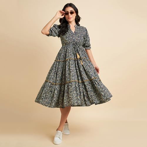 Image of Azira 100% Cotton Printed Fit & Flared Mandarin Collar Midi Dress | Casual Dress | Dress for Woman | Summer Dress