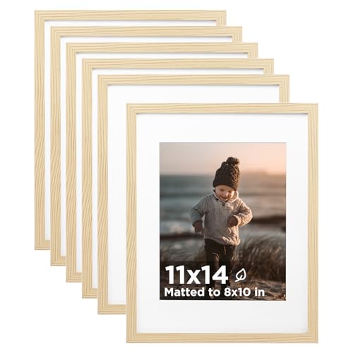 KINLINK 11x14 Picture Frame Wood Grain Set of 6 Photo Frames Matted 8x10