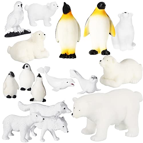 16 Pieces Polar Animals Figurines Antarctic Animals Set Plastic Arctic Animals Toys with Realistic White Bear Penguin Figurines White Whale Seal Wolf Figures for Kids Adults Party Favor Home Decor