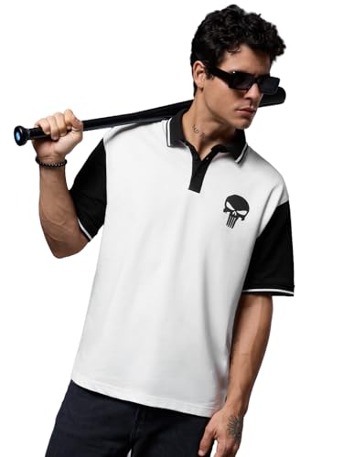 Image of The Souled Store| Official Punisher: Logo Mens and Boys Polos|Half Sleeve|Regular fit Graphic Printed| 100% Cotton White & Black Color Oversized Polos