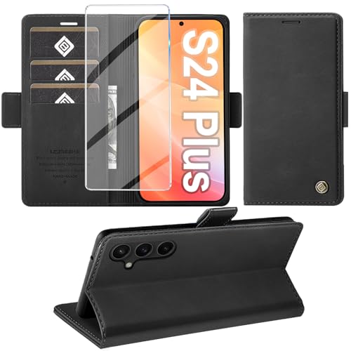 Giyer Handyhülle für Samsung Galaxy S24 Plus Hülle mit Displayschutzfolie Schutzhülle Galaxy S24 Plus 5G PU Leder Wallet Flip Case Standfunktion Kartenfach Klapphülle für Samsung S24 Plus (Schwarz)