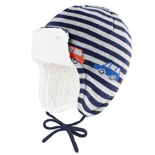 Baby Boy Winter Hat Toddler Hats Sherpa Lined Baby Kintted Beanie for Girls with Earflaps Striped Car 6-12months