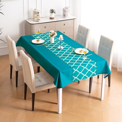 Image of HOKIPO Modern Grace Table Cloth for 4 Seater, 55x71 in, Aqua Trellis