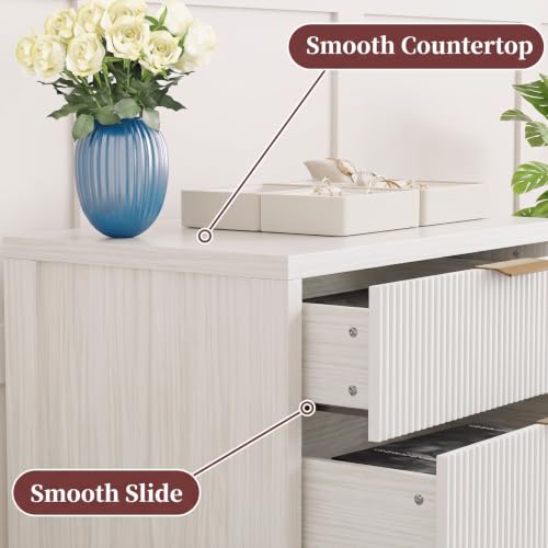 Image of Fluted Nightstands Set of 2, 23.7'' Wide Night Stand with 3 Drawers, Mid-Century Modern Bedside Table with Handles, Wood End Table for Bedroom, White
