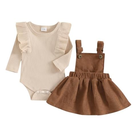 Youweixiong Newborn Baby Girl Outfits Ruffle Long Sleeve Ribbed Romper Corduroy Suspender Skirt Overall Dress Cute Fall Winter Clothes (Khaki, 9-12 Months) Cover