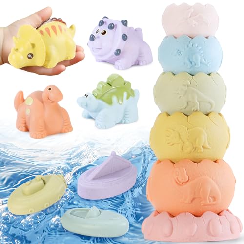 Jouet de Bain pour bébé à partir de 1 à 2 Ans - Dinosaure - en Silicone - Anti-moisissure - sans Trou - avec Blocs empilables - 3 Bateaux de Bain - 4 Dinosaures
