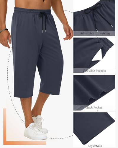 Neer 3 Pack Men's Baggy Capri Pants Plus Size Below Knee Casual 3/4 Shorts Big and Tall Summer Drawstring Pants with Pockets4