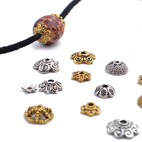 100g (200-350pcs) Mixed Metal Flower Bead Caps Spacer Beads Bali Style Jewelry Findings for DIY Crafting Jewelry Making, Antique Gold and Antique Silver