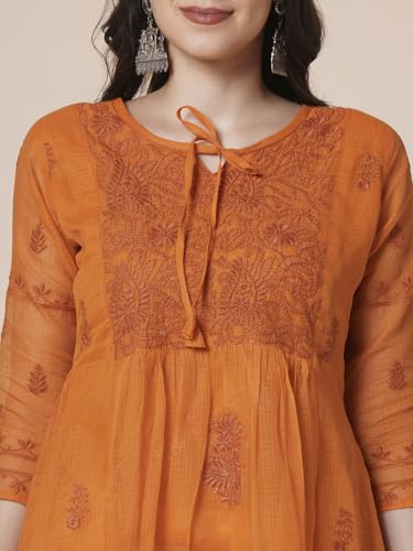 Image of RATAN Women's Muga Cotton Flared Lucknowi Chikankari Ethnic Wear Kurta