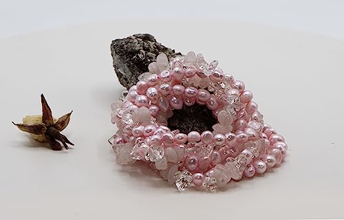 Ltc Designs Set Of 7 Dyed Pink Cultured Freshwater Baroque (5.5-6Mm) Pearl And Rose/Crystal Quartz Stretch Bracelets, 7.5" For Women And Girls #TOP4