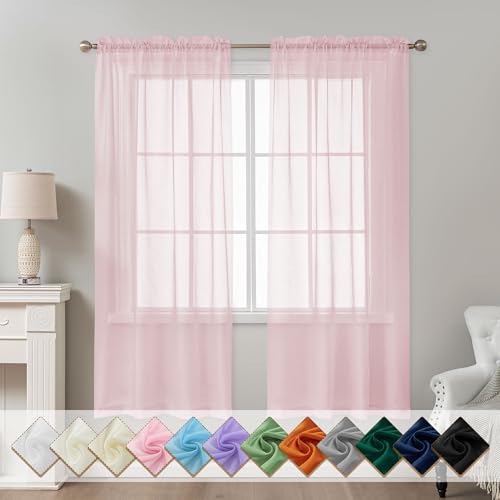 Image of Pink Sheer Curtains 72 Inches Long, Privacy Semi Sheer Curtains for Living Room Bedroom, Light Filtering Rod Pocket Voile Window Drapes 2 Panels Set, Each 42 inch W x 72 inch L