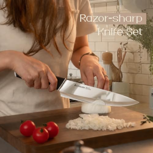 Image of Astercook Knife Set, Kitchen Knives with Block and Sharpener 15 Pcs German Stainless Steel Knives Sharp Blade Dishwasher Safe Deba Knives with Ergonomic Handle, Elegant Black