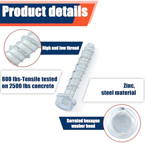 Tandefio 80 Pack 1/2" x 3" Concrete Screw Anchor Galvanized Large Diameter Heavy Duty Plated Concrete Anchors for Masonry Brick Anchoring Block Decking Framing Hex Drive by Tandefio - Image 3