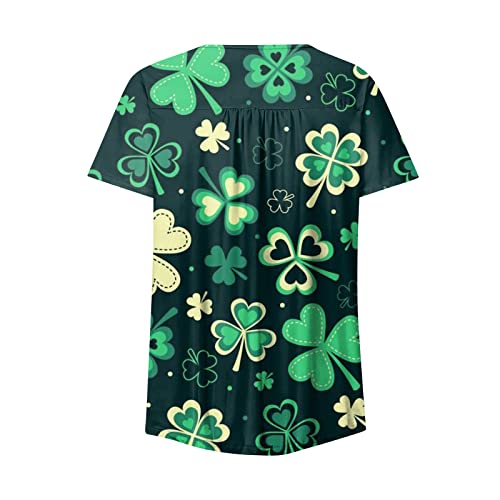 Women's Shirts Casual Blouse Comfort Shamrock Pattern Pleated Front Button Down Tunic Top 2022 Summer Casual Short Sleeve Henley Tops Henley Short-Sleeve V Neck Blouse Tee #TOP2