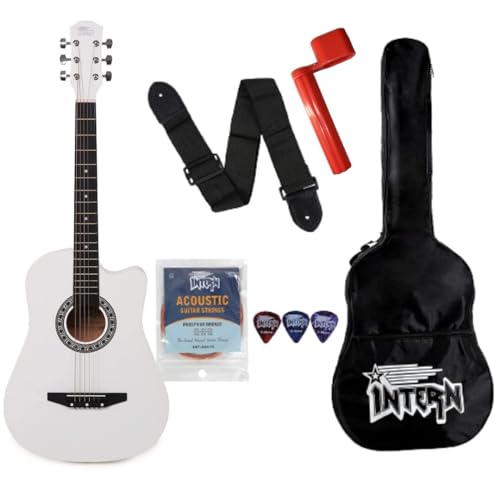 Image of Intern INT-38C-WH Right hand Acoustic Guitar Kit, With Bag, Strings, Pick, Strap and String Winder (38C, WHITE)