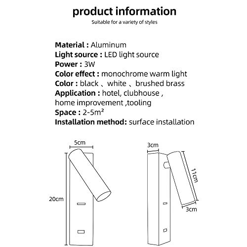 Lámpara de pared LED negra con lector ajustable y cargador USB para dormitorio 6