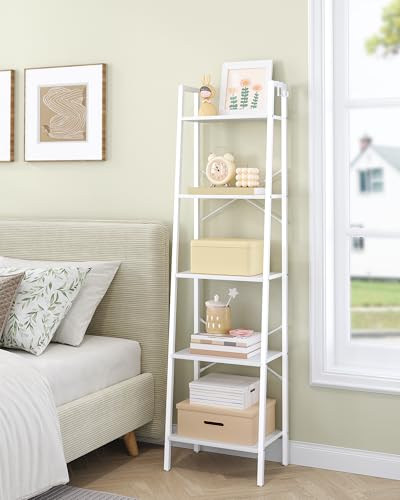 Image of Hzuaneri Ladder Shelf, Bookshelf Bookcase, Freestanding Corner Storage Shelve with 2 Hooks for Home Office, Living Room, Kitchen, Bedroom, Industrial, 5-Tier White BC19213W