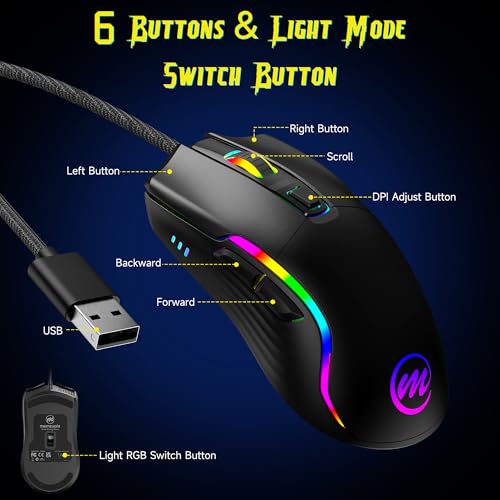 Image of memzuoix Wired Gaming Mouse with RGB - 6 Adjustable DPI up to 12800, 6 Buttons, 12 Lighting Modes, Ergonomic Design with Anti-Slip Rubber Wheel, 5.6ft Braided Cable for PC /Mac /Windows - Black