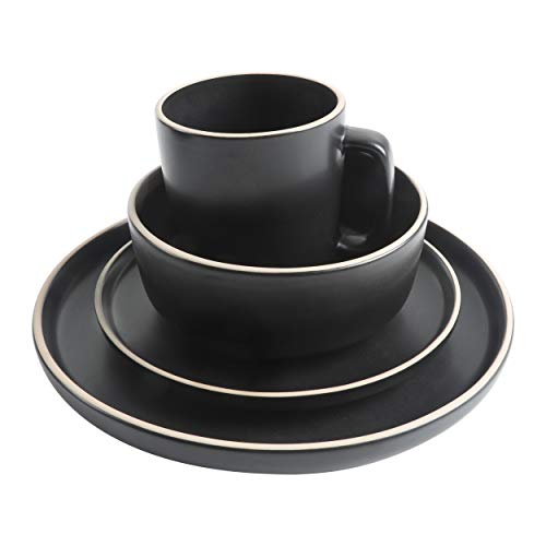 Image of Gibson Home Zuma 16 Piece Round Kitchen Dinnerware Set, Dishes, Plates, Bowls, Mugs, Service for 4, Matte Stoneware, Black