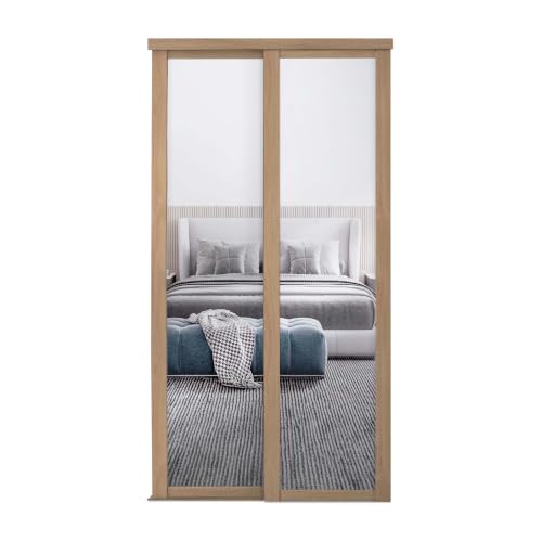 Image of SPACEPRO Shaker Sliding Wardrobe Door Kit – Modern 2 Door Bedroom Storage & Sliding Closet Doors with Mirror Panels (BSEN12600) & Oak Frame – Ideal for H2260mm x W1449mm Opening