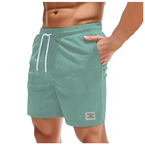 Munweiyu Men's Corduroy Shorts with Pockets Summer Shorts Short Trousers Elastic Waist Loose Leisure Shorts Corduroy Men's Shorts Lightweight Sports Shorts Pockets Sweat Shorts, Mint Green, XXL