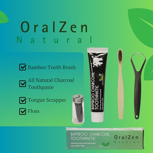 Image of OralZen Total Dental Care Kit - Fluoride-Free Charcoal Toothpaste with Bentonite Clay, Bamboo Toothbrush, Stainless Steel Tongue Scraper & Dental Floss for Complete Oral Hygiene